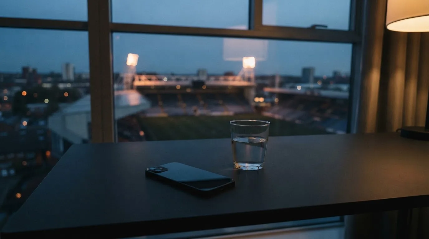 Ein Smartphone mit dunklem Display liegt auf einem Schreibtisch neben einem Glas Wasser, im Fenster dahinter ein Stadion im Dämmerlicht.