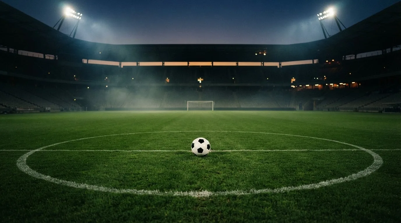 Ein Fußball liegt auf dem Mittelkreis eines leeren Rasenplatzes unter Flutlicht am frühen Abend, die Tribünen sind nur schemenhaft zu erkennen.