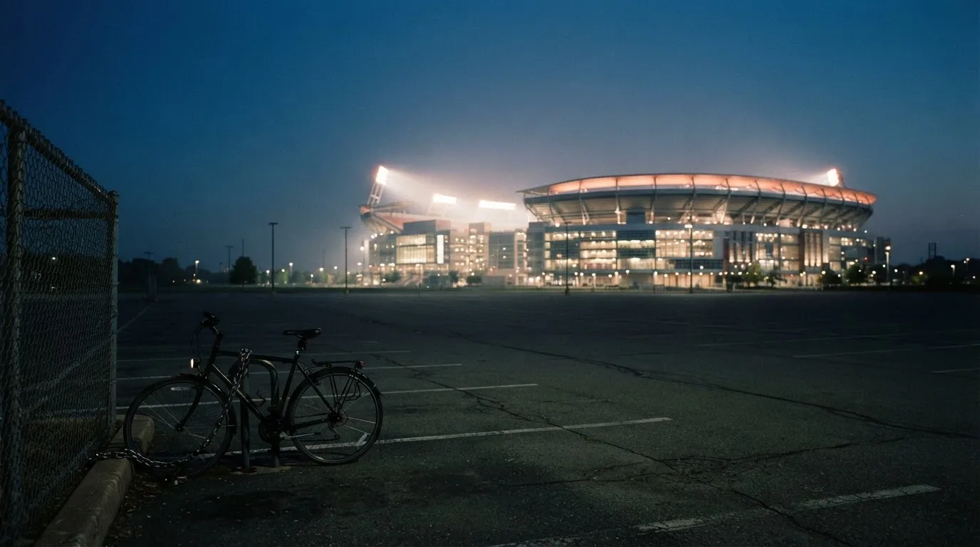 Ein Stadion unter Flutlicht aus der Ferne gesehen, davor ein dunkler Parkplatz und ein einzelnes Fahrrad an einem Zaun.