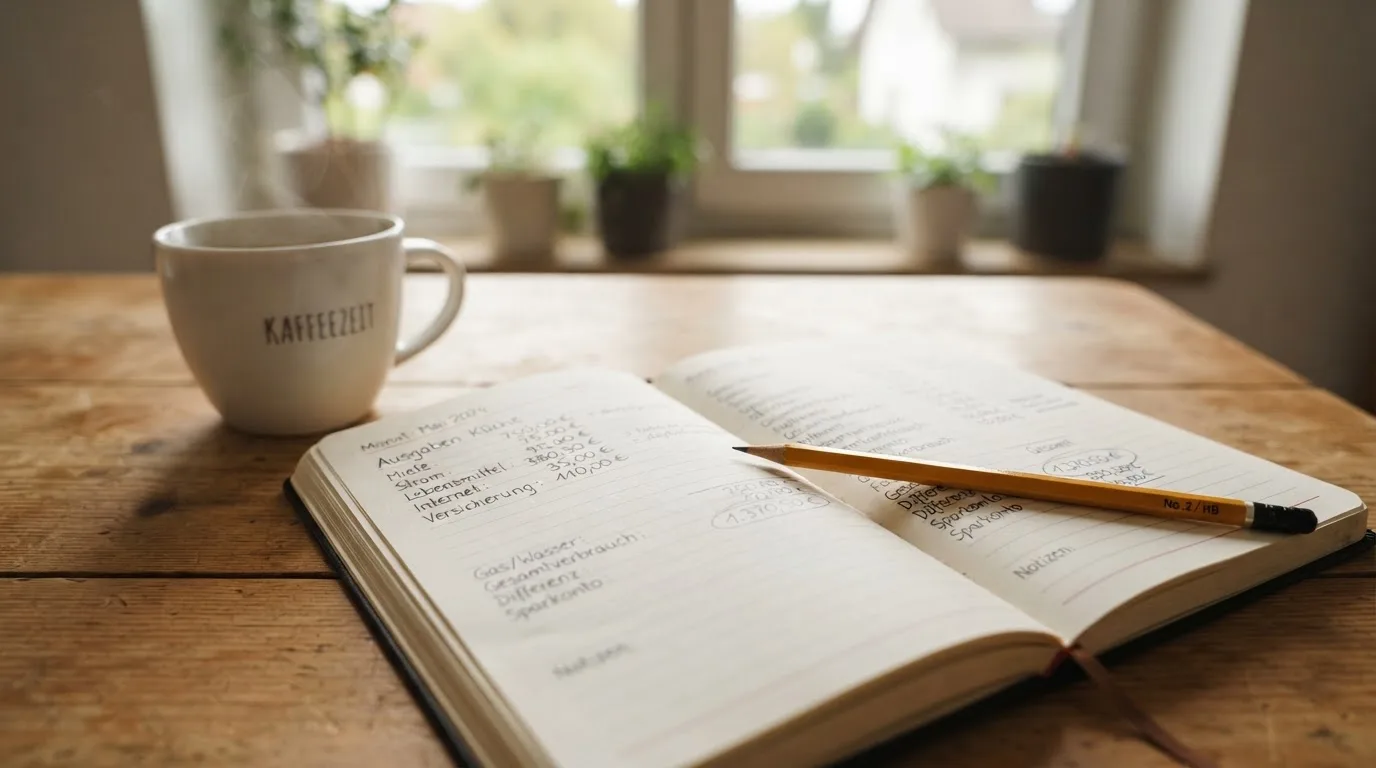 Ein Notizbuch mit handschriftlichen Zahlenreihen und ein Bleistift liegen auf einem Küchentisch neben einer Tasse.