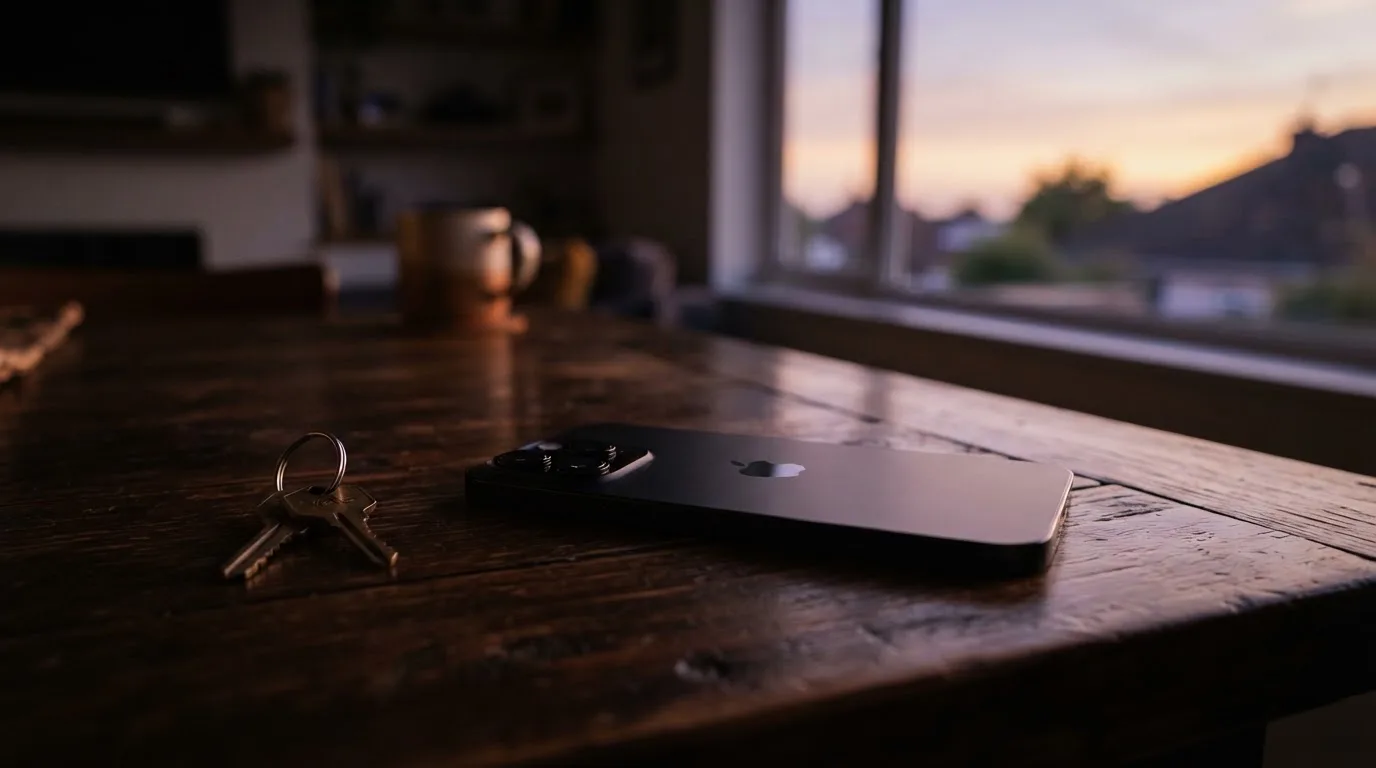 Ein Smartphone mit dunklem Display liegt auf einem Holztisch, daneben ein Schlüsselbund, im Hintergrund ein Fenster mit Abendlicht.