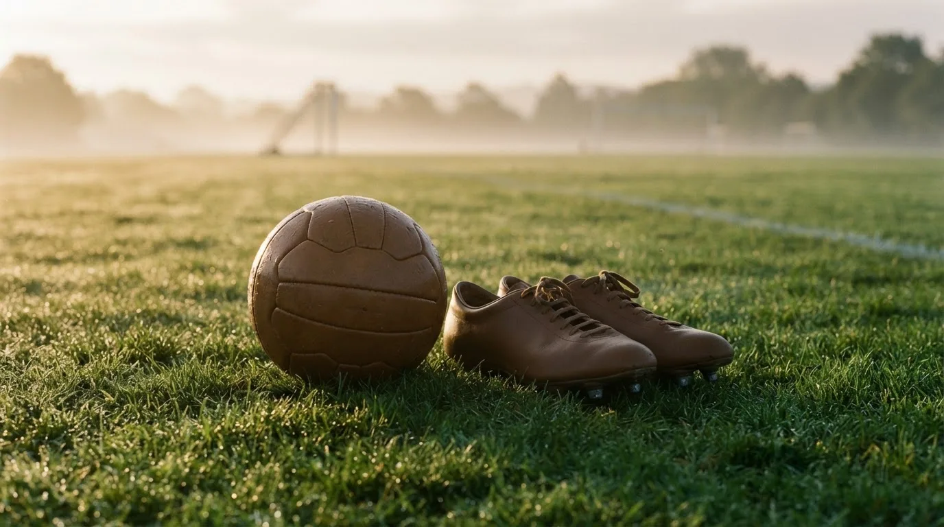 Ein Fußball auf frisch gemähtem Rasen im Morgenlicht, daneben ein Paar Fußballschuhe ohne erkennbare Marke.