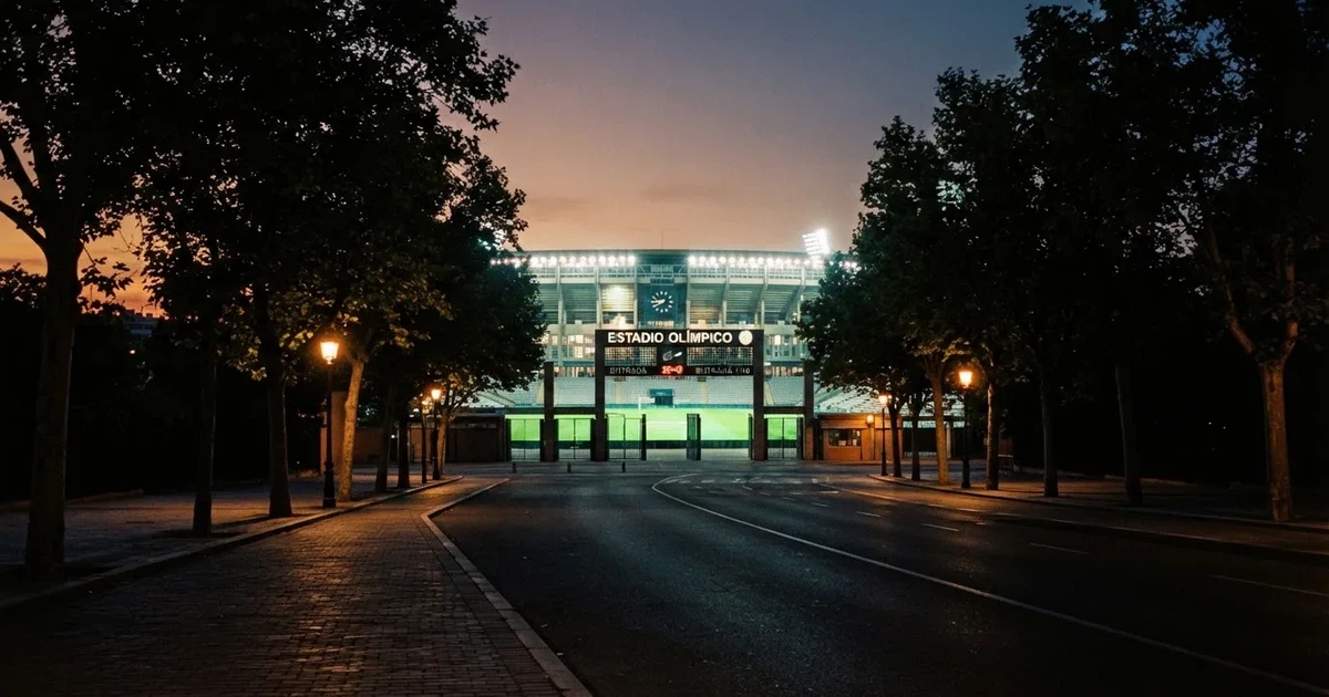 Ein Fußballstadion bei Nacht aus großer Entfernung, hell erleuchtet unter Flutlicht, davor eine dunkle Straße und Bäume.