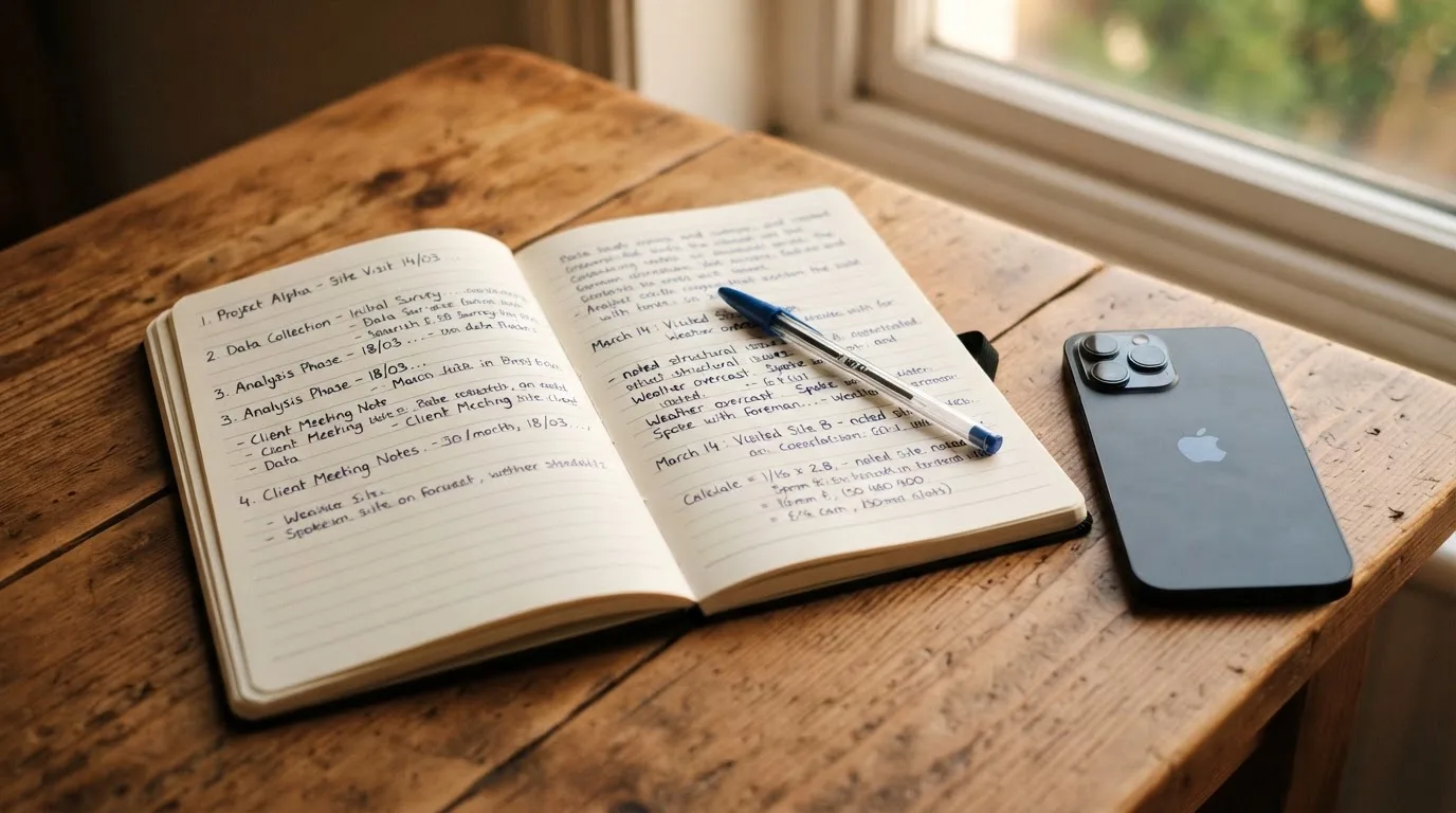 Ein Notizbuch mit handgeschriebenen Zahlen und ein Kugelschreiber liegen auf einem Tisch, daneben ein Smartphone mit schwarzem Bildschirm.
