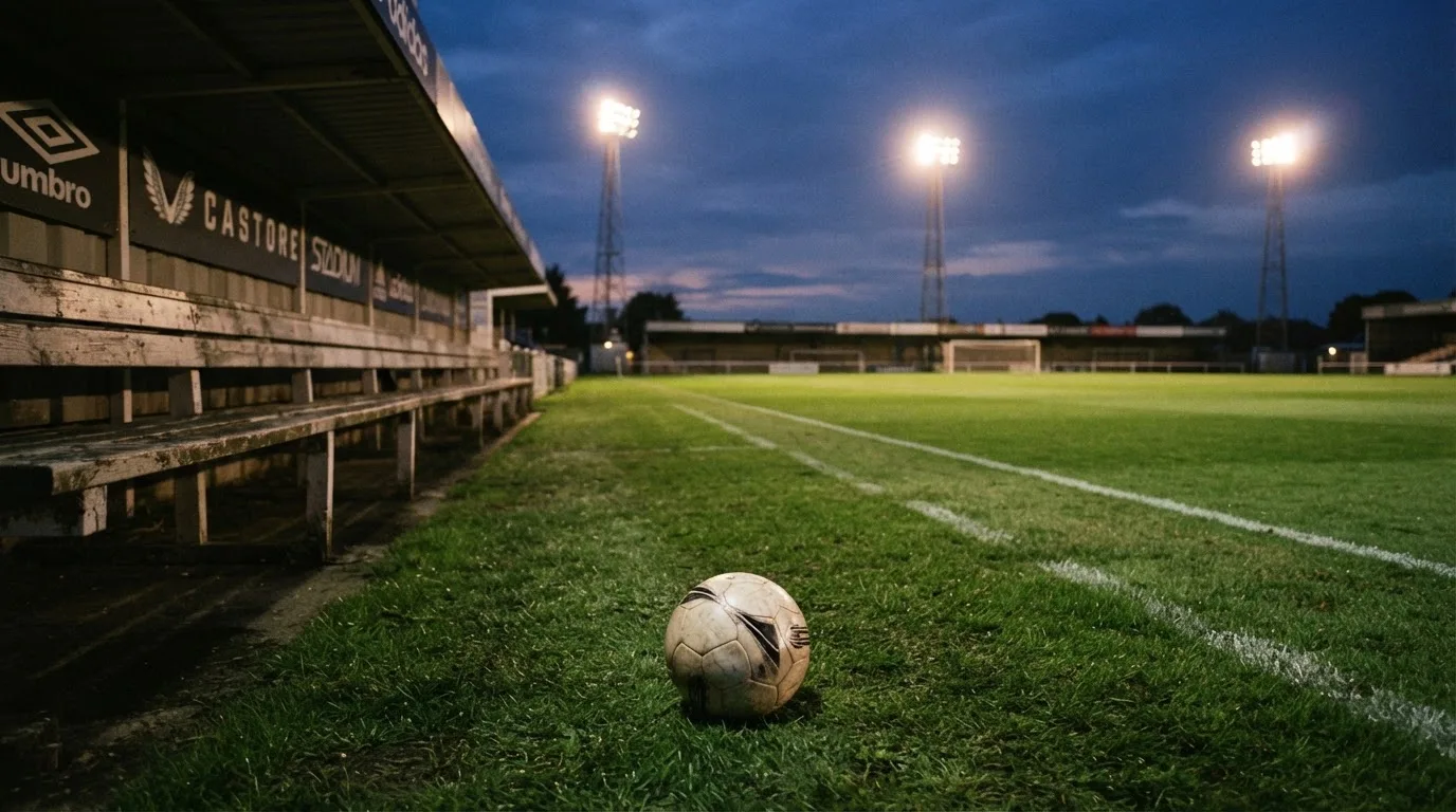 Ein Fußball liegt am Spielfeldrand neben einer leeren Ersatzbank, das Flutlicht über dem Platz leuchtet in der Dämmerung.