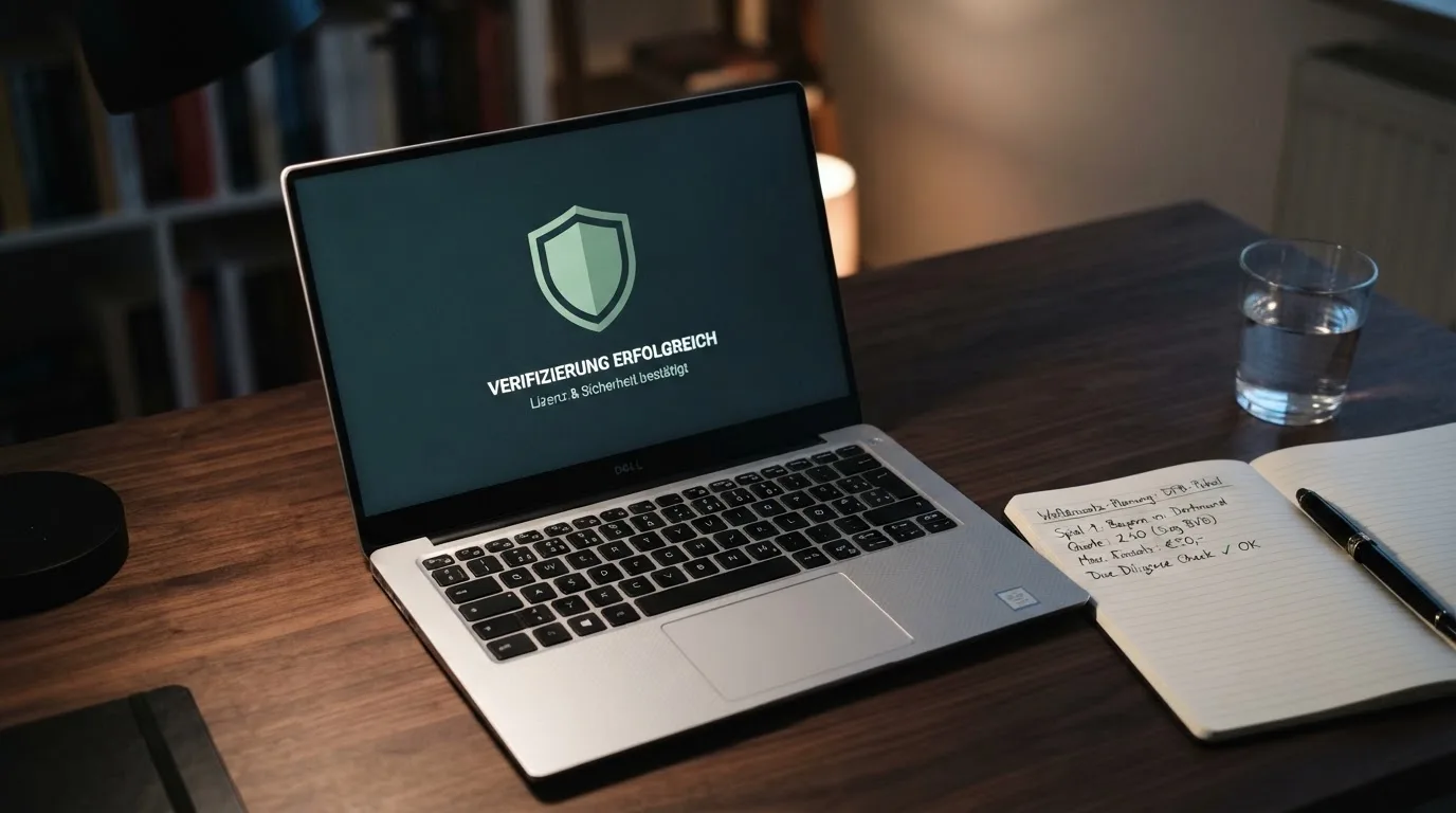 Ein Laptop mit dunklem Bildschirm steht aufgeklappt auf einem Schreibtisch, daneben ein Notizbuch und ein Glas Wasser.