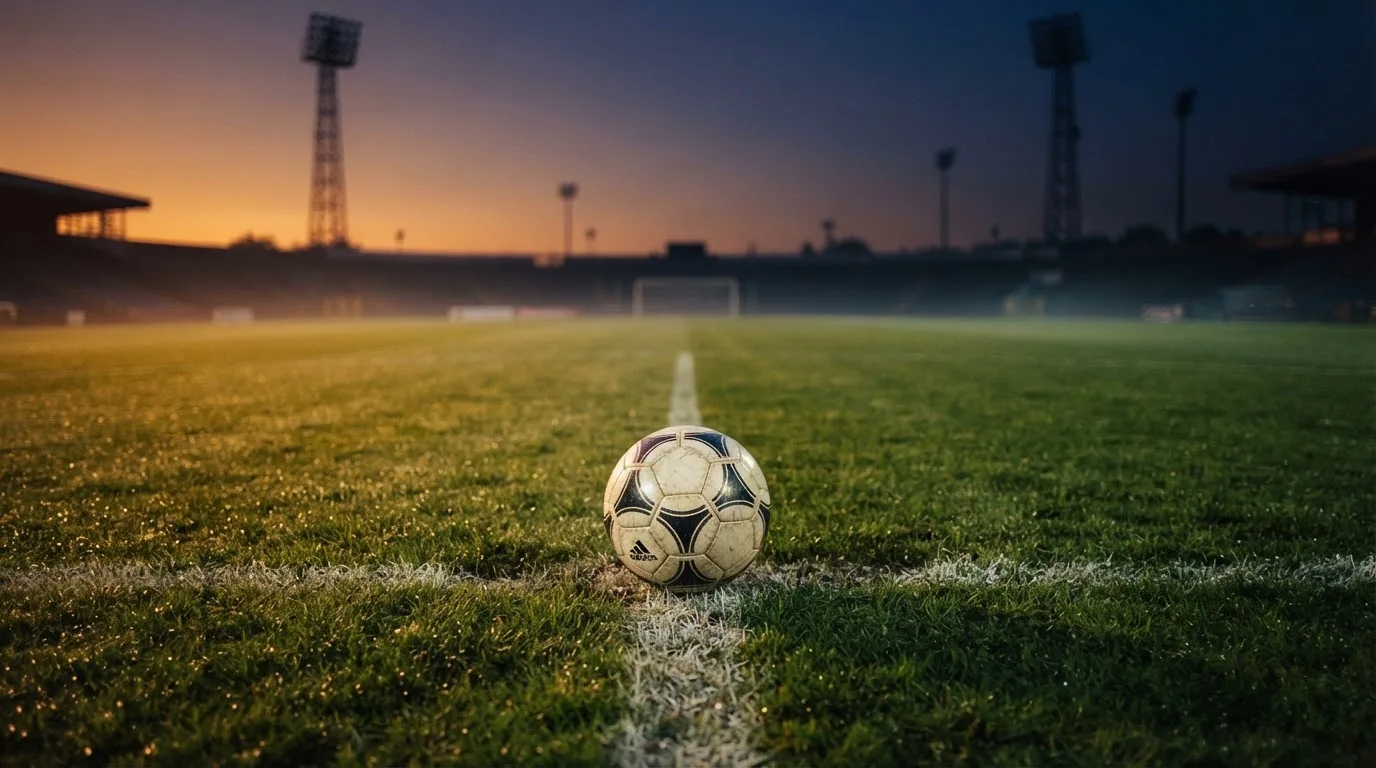 Ein Fußball liegt auf dem Anstoßpunkt eines Rasenplatzes in der Abenddämmerung, Flutlichtmasten stehen unscharf im Hintergrund.