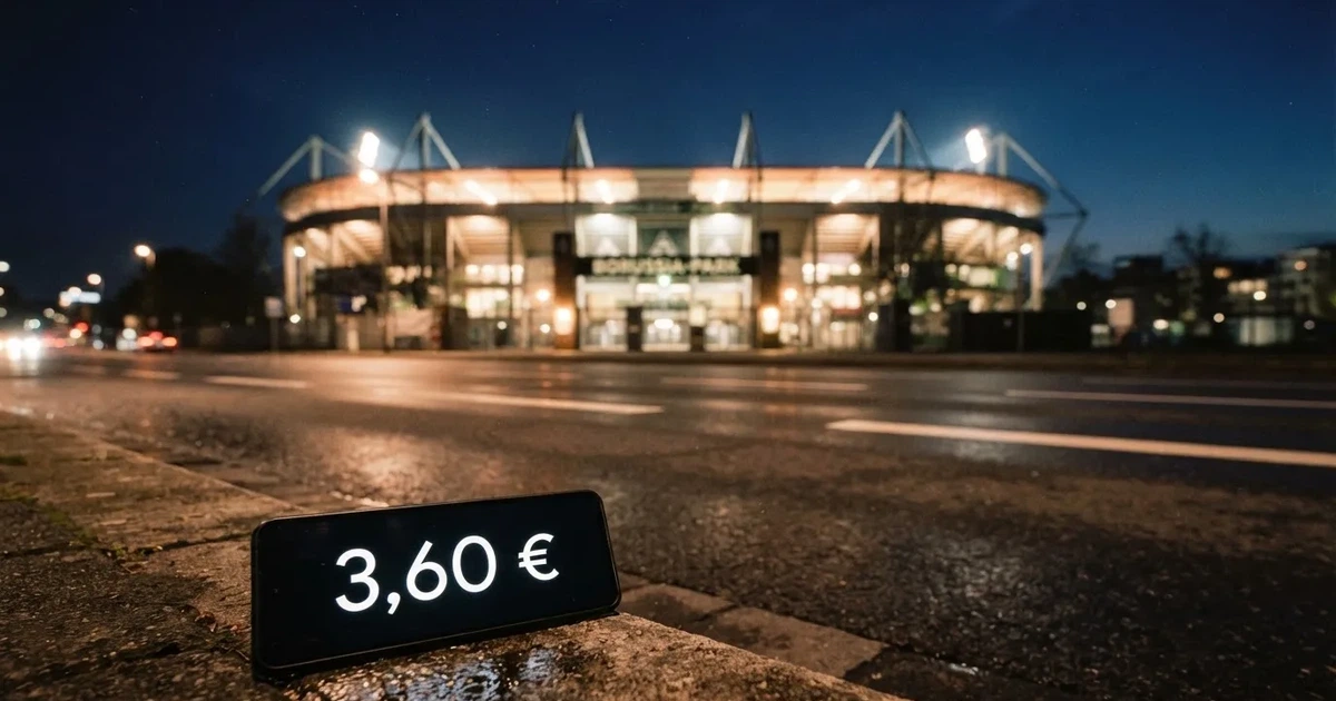 Ein hell erleuchtetes Fußballstadion bei Nacht aus der Ferne gesehen, über dem Dach ein klarer Himmel, davor eine leere Straße.