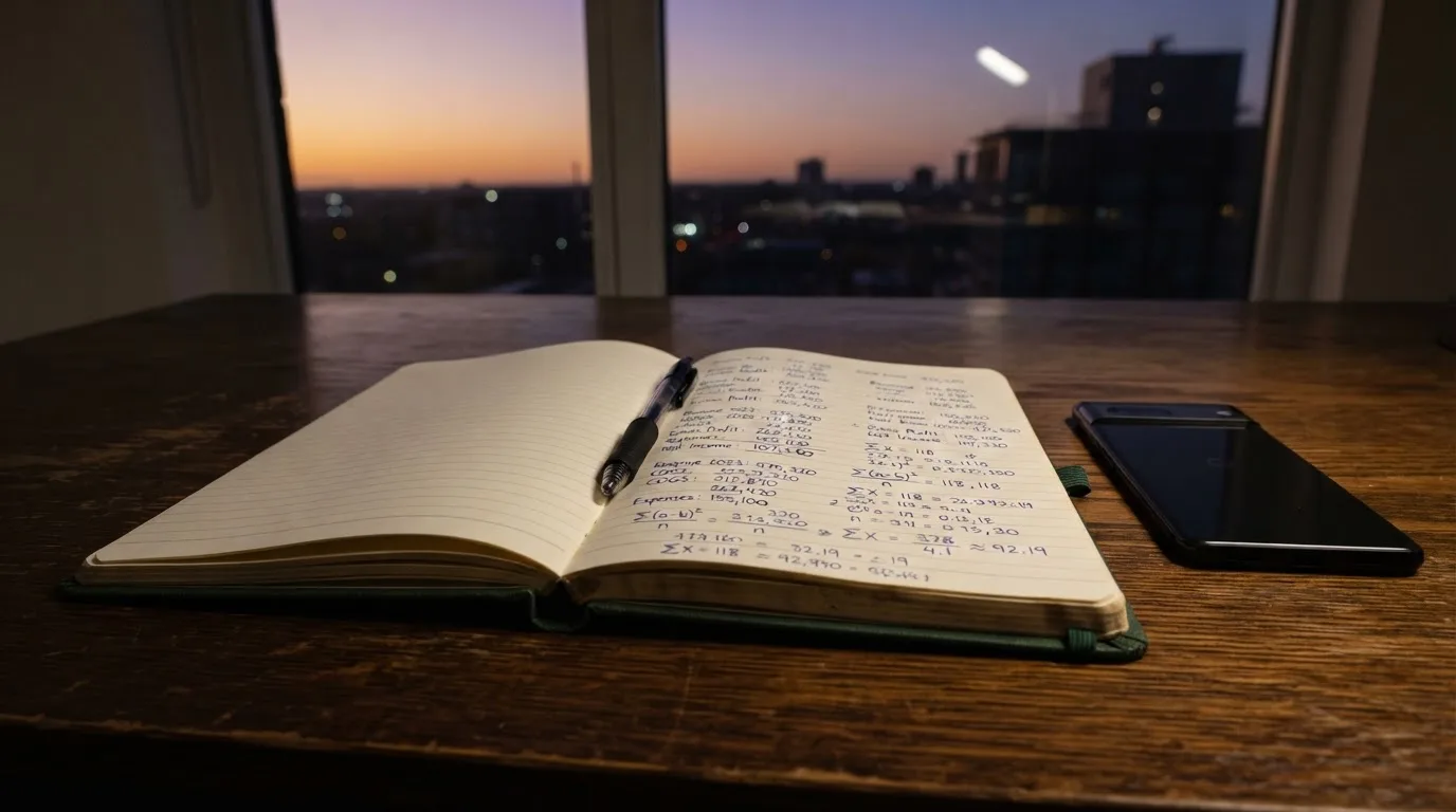 Ein Notizbuch mit handschriftlichen Zahlen liegt neben einem Smartphone mit dunklem Display auf einem Tisch, im Fenster Dämmerlicht.