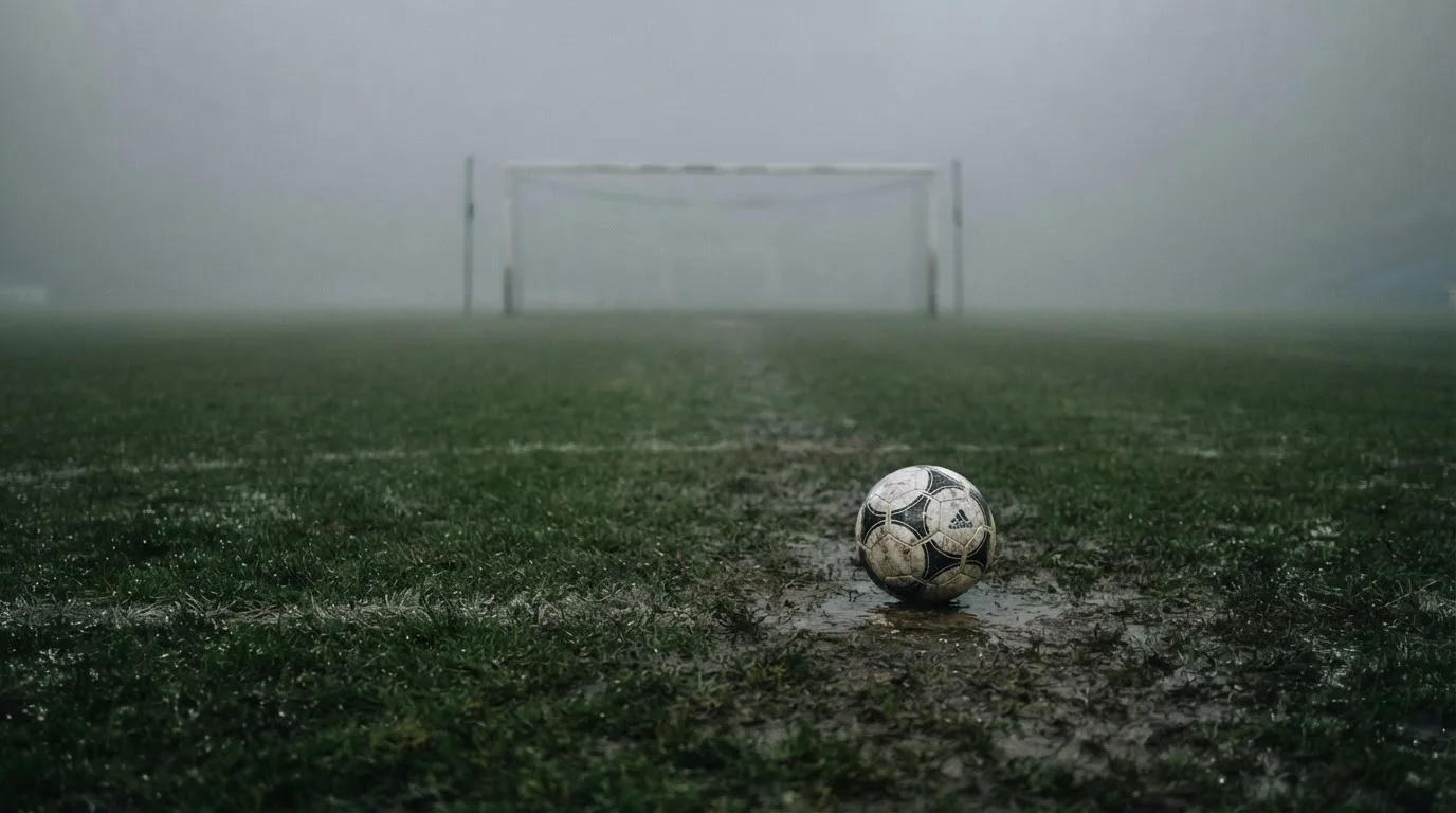 Ein Fußball liegt auf dem Elfmeterpunkt eines nassen Rasenplatzes, im Hintergrund ein leeres Tor im Nebel.
