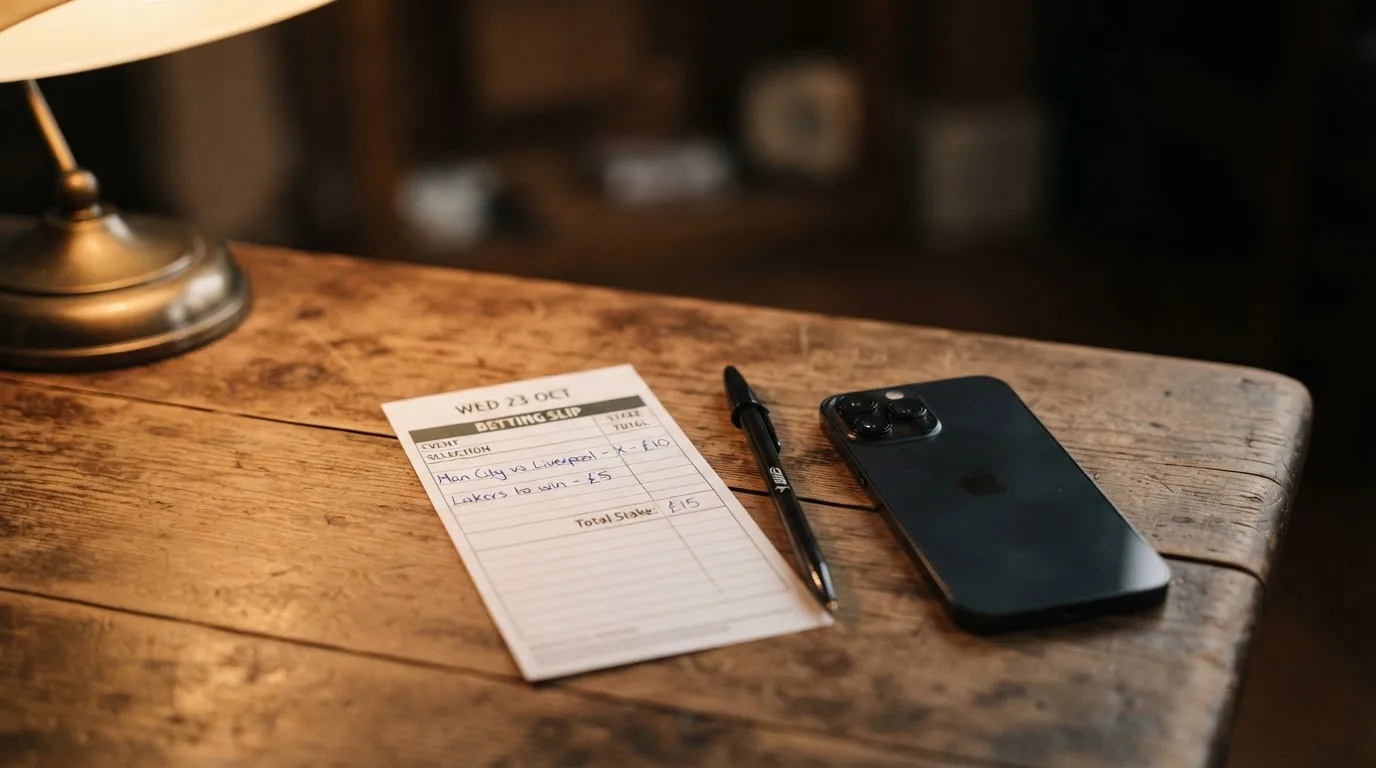 Ein leerer Papier-Wettschein und ein Kugelschreiber liegen auf einem Holztisch neben einem schwarzen Smartphone.