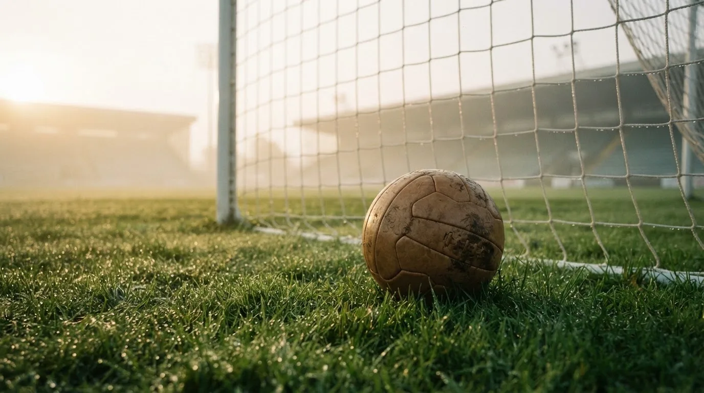 Ein Fußball liegt auf dem Rasen vor einem Tor im Morgennebel, die Netzmaschen sind taufeucht.