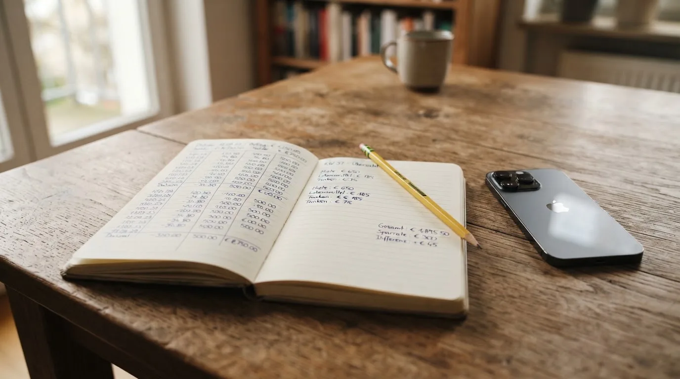 Ein Notizbuch mit handschriftlichen Zahlenreihen liegt neben einem Bleistift und einem Smartphone mit dunklem Display auf einem Tisch.