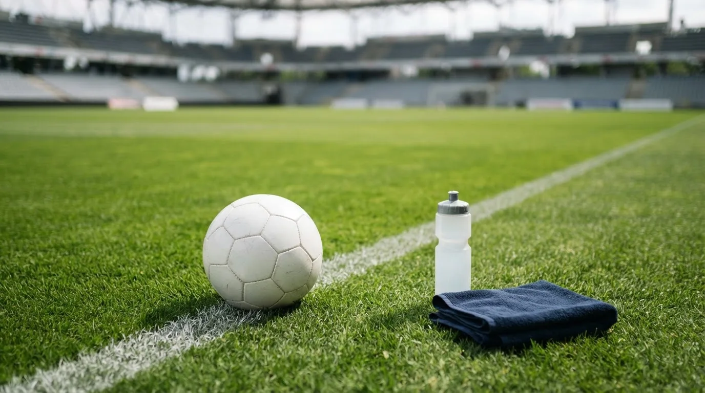 Ein Fußball auf einer Wiese neben der Seitenlinie, daneben eine Trinkflasche ohne Aufdruck und ein Handtuch.
