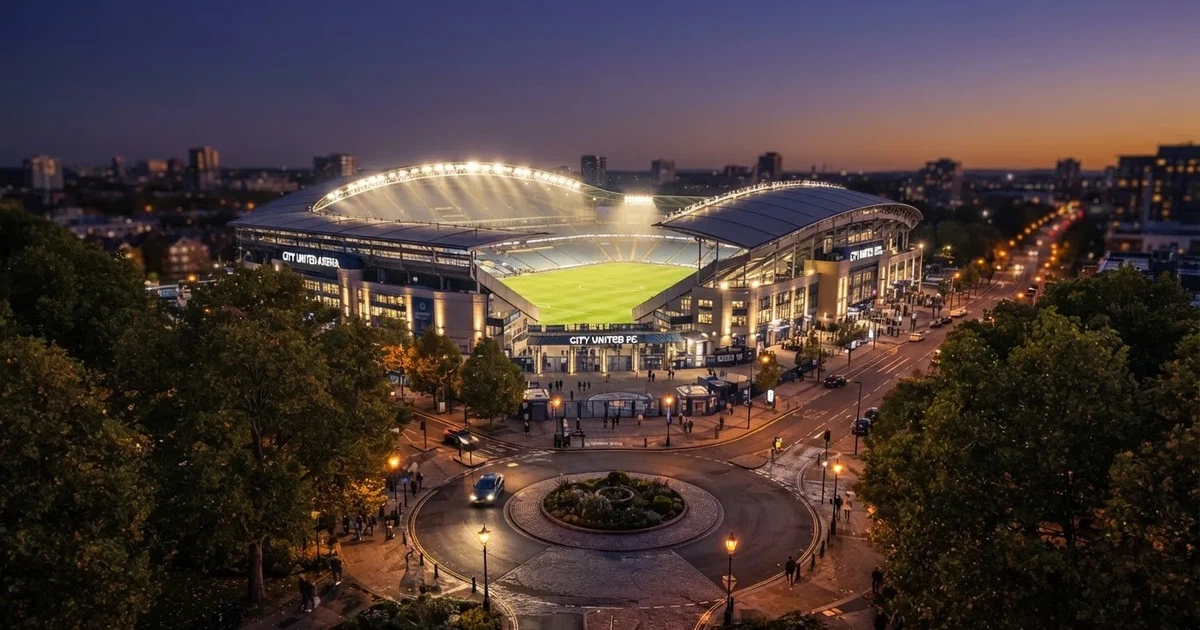 Ein Fußballstadion in der Dämmerung aus der Ferne, die Flutlichter gerade eingeschaltet, davor ein Kreisverkehr mit Laternen.