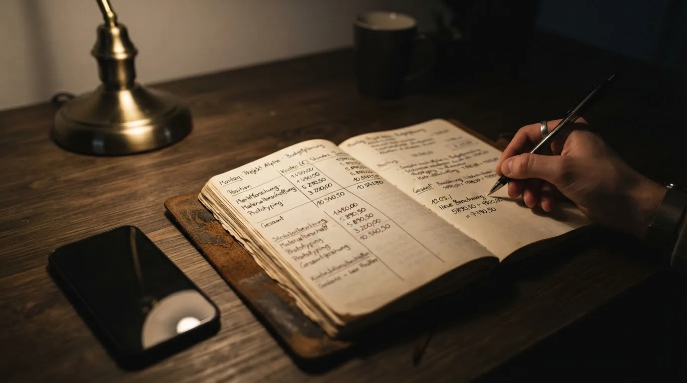Ein Notizbuch mit handschriftlichen Notizen und ein Taschenrechner liegen auf einem Schreibtisch neben einem Smartphone mit dunklem Display.