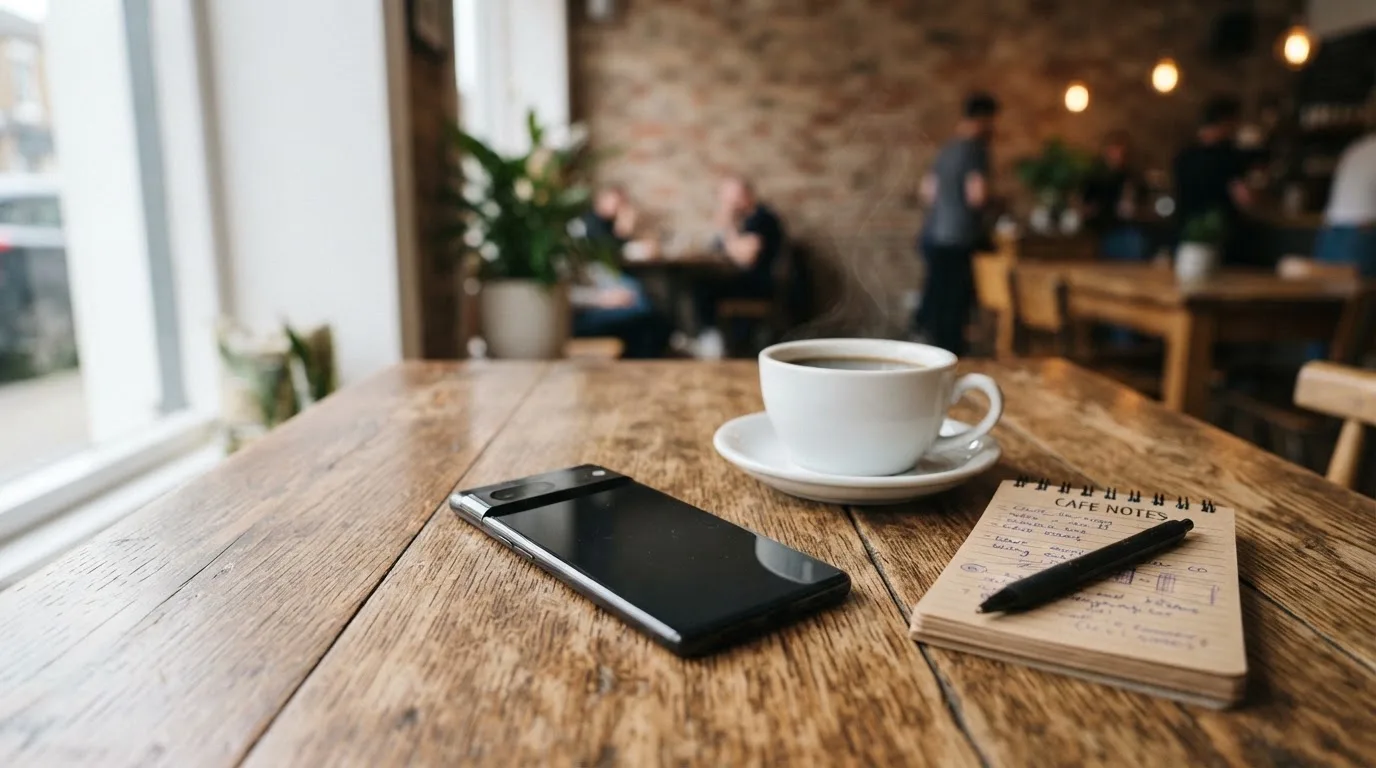 Ein Smartphone liegt mit schwarzem Display neben einer Kaffeetasse und einem Notizblock auf einem Café-Tisch.