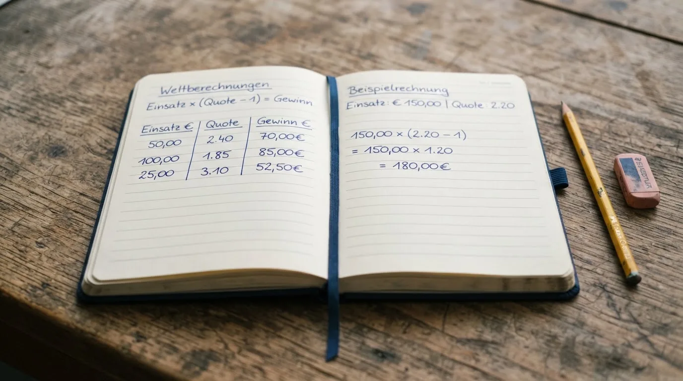 Ein Notizbuch mit handschriftlichen Multiplikationen liegt aufgeschlagen auf einem Holztisch, daneben ein Bleistift und ein Radiergummi.