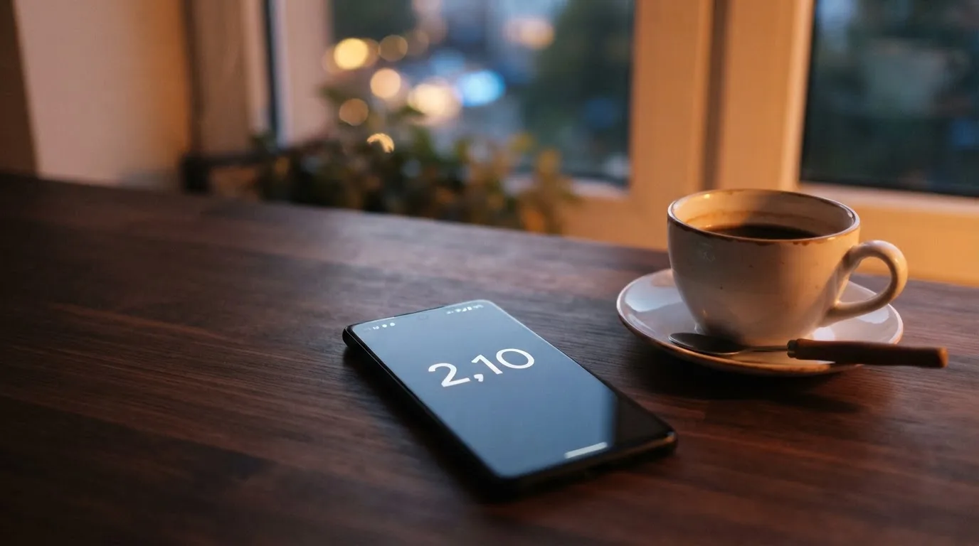Ein Smartphone mit dunklem Display liegt neben einer Kaffeetasse auf einem Schreibtisch, durch das Fenster fällt Abendlicht.