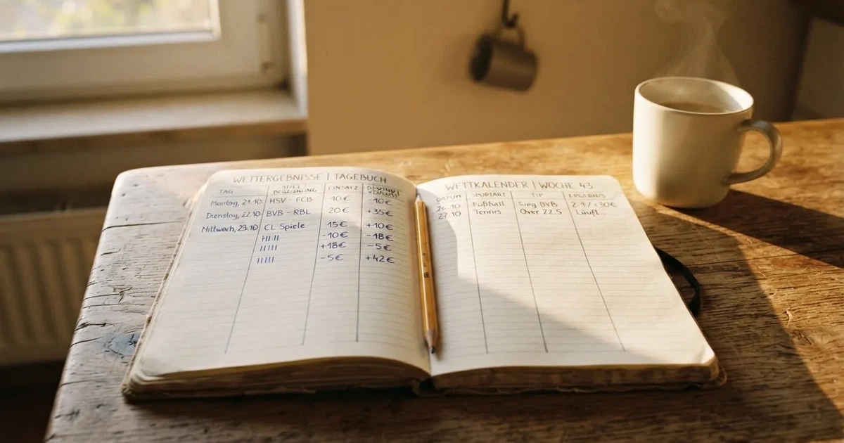 Ein aufgeschlagenes Notizbuch mit handgezeichneten Spalten und Strichen liegt neben einem Bleistift und einer Kaffeetasse auf einem Tisch am Morgen.