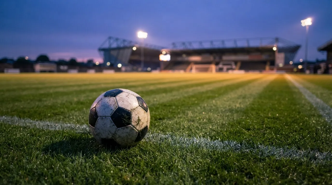 Ein Fußball liegt auf einem Rasenplatz in der Dämmerung, im Hintergrund ein ferner Stadionrand unter Flutlicht.