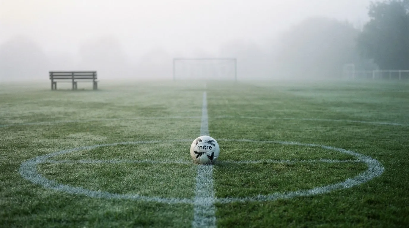 Ein Fußball liegt in der Mitte eines leeren Rasenplatzes im Morgennebel, am Rand steht eine einzelne Auswechselbank.