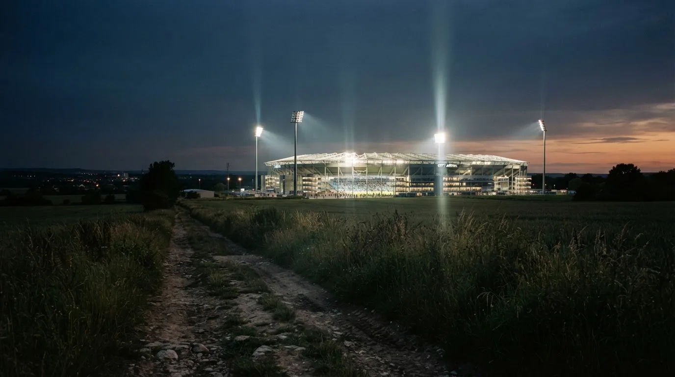 Ein Stadion unter Flutlicht von weitem gesehen, davor ein Feld und ein Feldweg im Dunkeln.